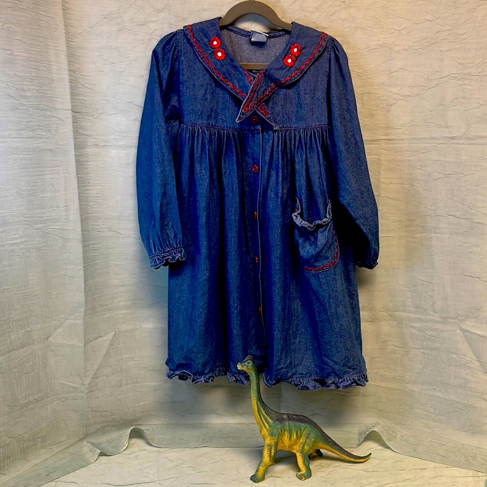 Vintage Blue Kids Casual Dress with Red Accents | S:6